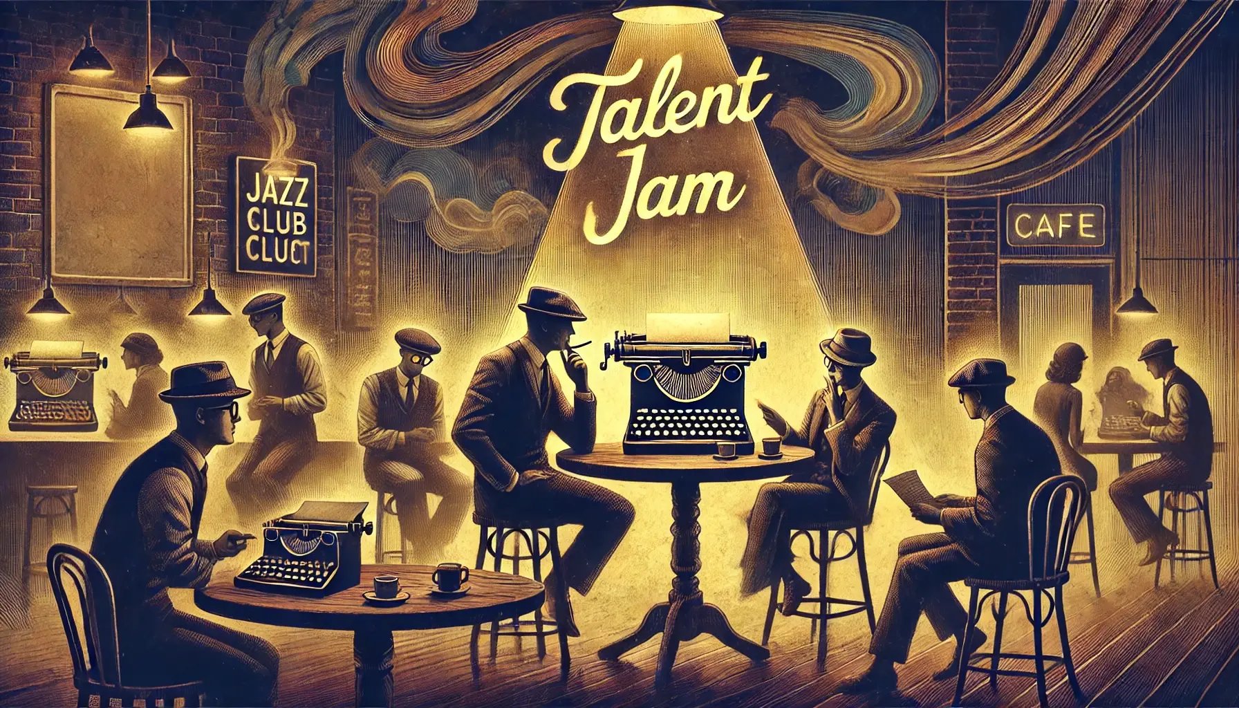 DALL·E 2025-03-04 14.53.51 - A digital illustration celebrating the launch of a new software project called TalentJam, with an avant-garde, noir, and beatnik-inspired aesthetic